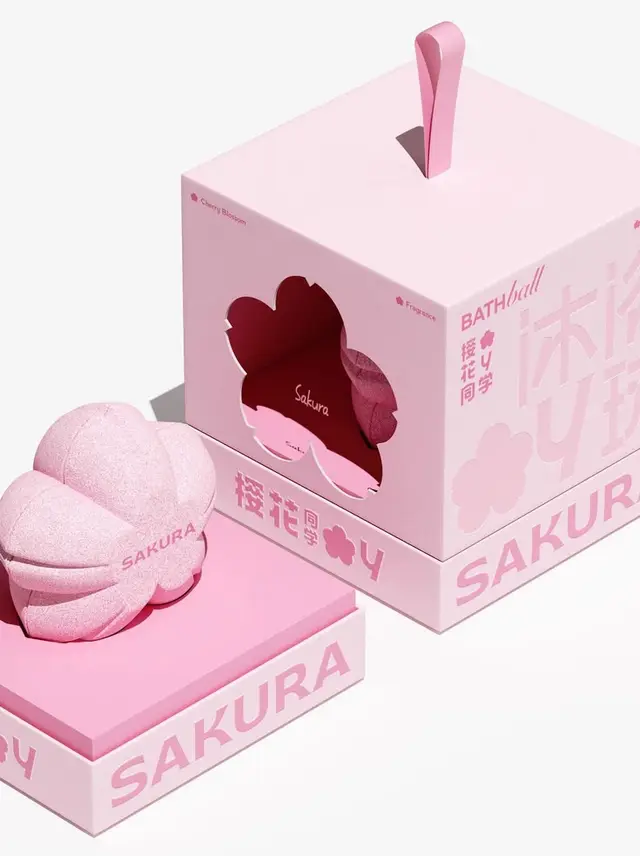 Sakura cherry-blossom bath bomb packaging — pastel pink gift box with die-cut flower