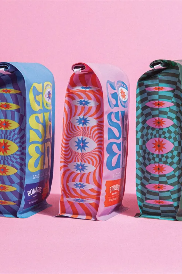 Psychedelic starburst coffee bags on pink backdrop