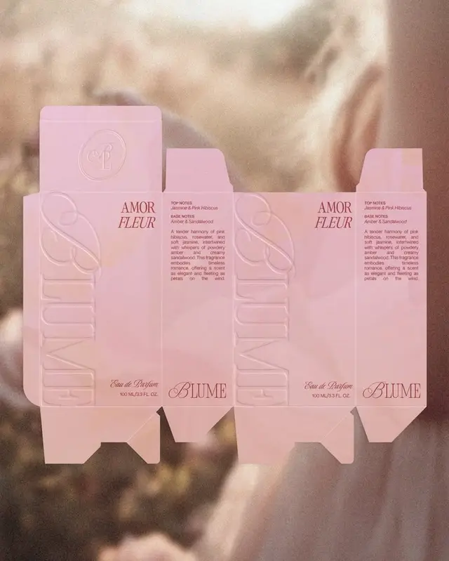 Pink perfume packaging dieline for 'Amor Fleur' by Blume