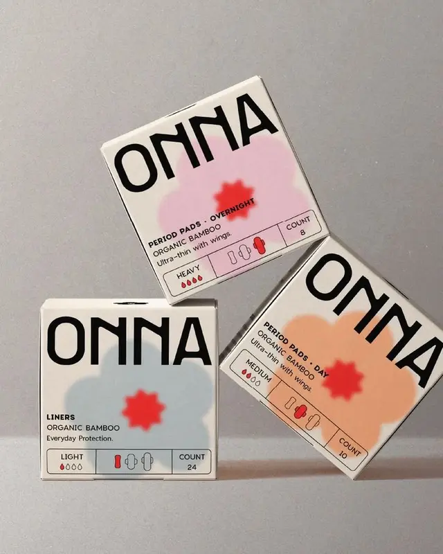ONNA organic bamboo period pad and liner packaging — pastel studio product shot