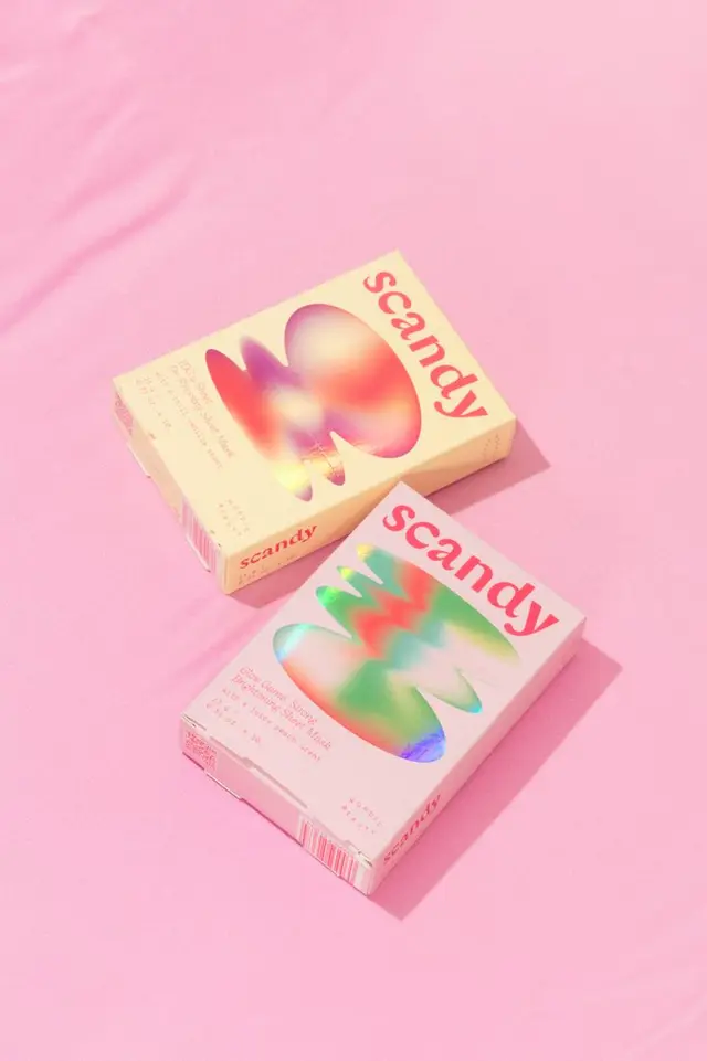 Scandy candy boxes — pastel packaging with holographic shapes