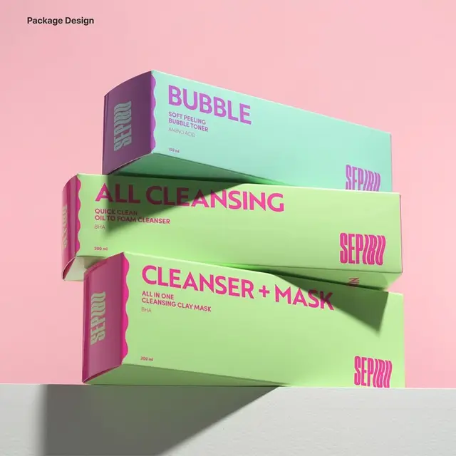 Stacked pastel skincare packaging with bold pink typography
