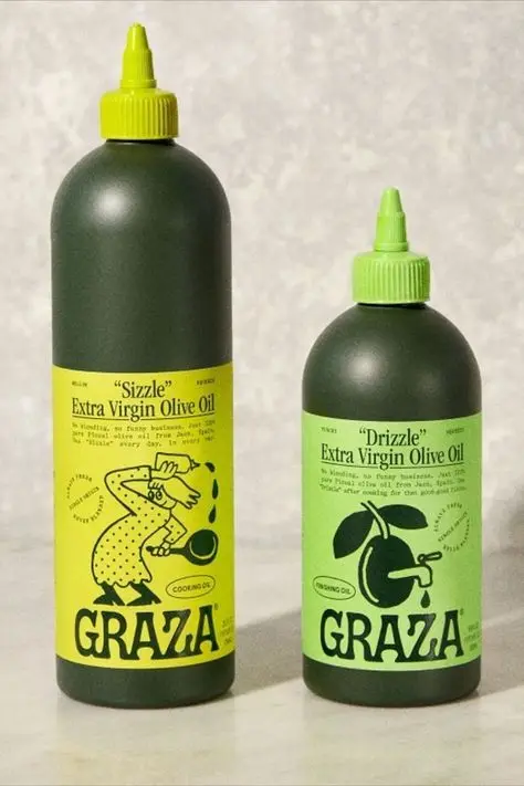 GRAZA Extra Virgin Olive Oil squeeze bottles — "Sizzle" (yellow) and "Drizzle" (green)