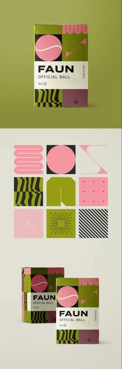 FAUN Official Ball — olive green & pink tennis ball packaging with geometric pattern grid