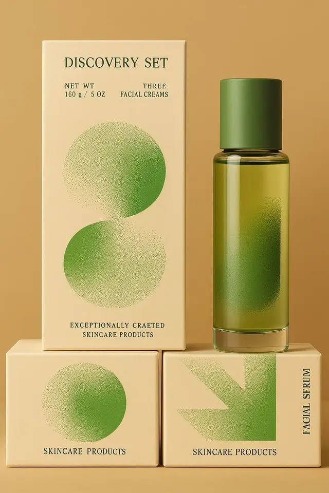 Beige & green skincare discovery set with halftone graphics and glass serum bottle