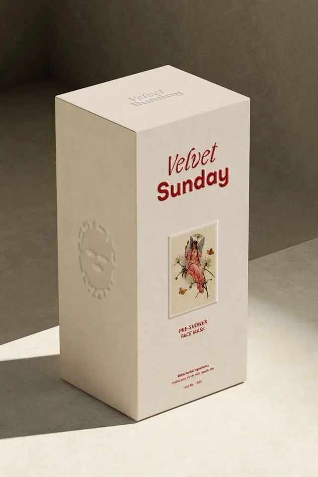 Velvet Sunday pre-shower face mask — matte paperboard packaging