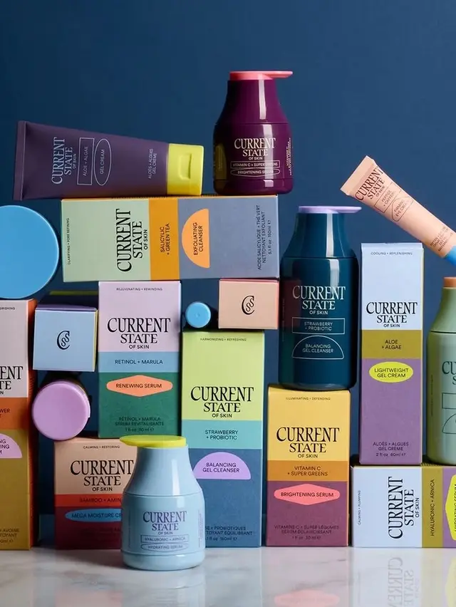 Current State of Skin — colorful stacked skincare packaging display