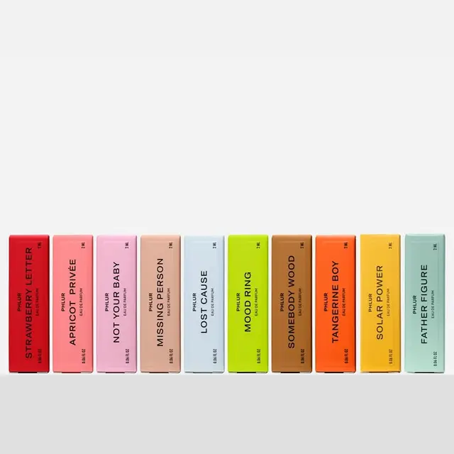 PHLUR fragrance sample boxes in pastel color lineup