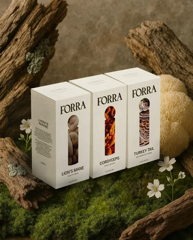FORRA mushroom extract packaging — Lion's Mane, Cordyceps, Turkey Tail