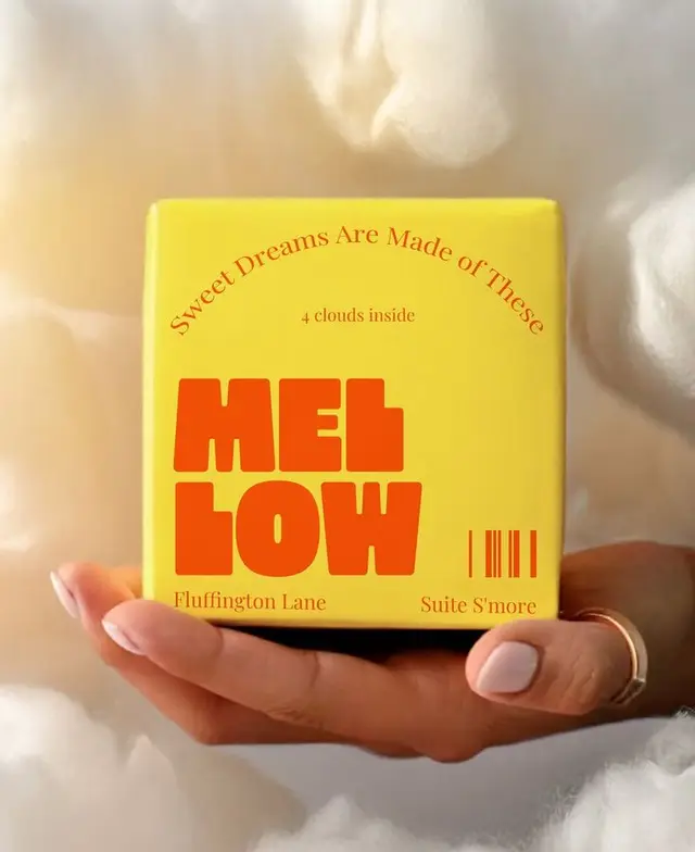 Yellow MELLOW packaging box — 'Sweet Dreams Are Made of These' sleep-themed product shot