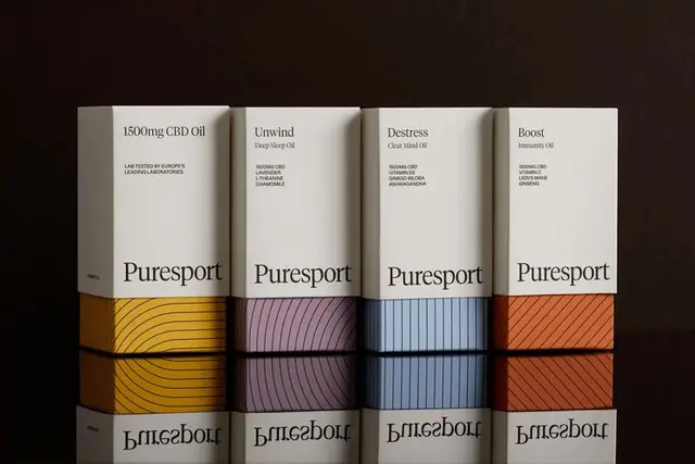 Puresport CBD oil packaging — white sleeves with colored patterned bases