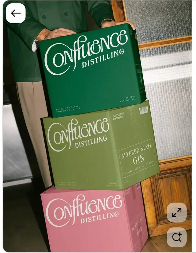 Confluence Distilling stacked gin boxes — dark green, olive and pink packaging