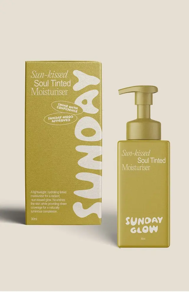 Sunday Glow — Sun-kissed Soul Tinted Moisturiser (olive-gold pump bottle with box)