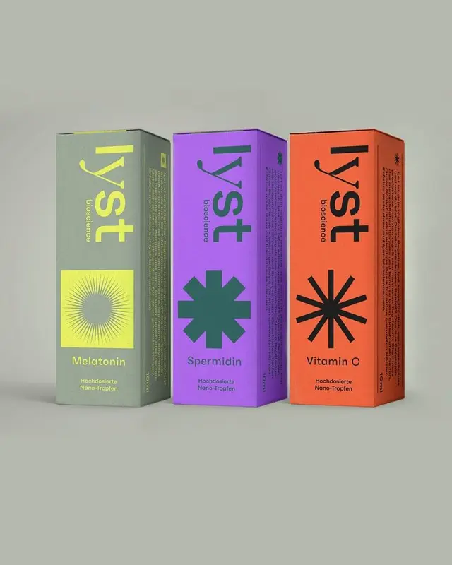 Lyst bioscience supplement packaging — Melatonin, Spermidin, Vitamin C
