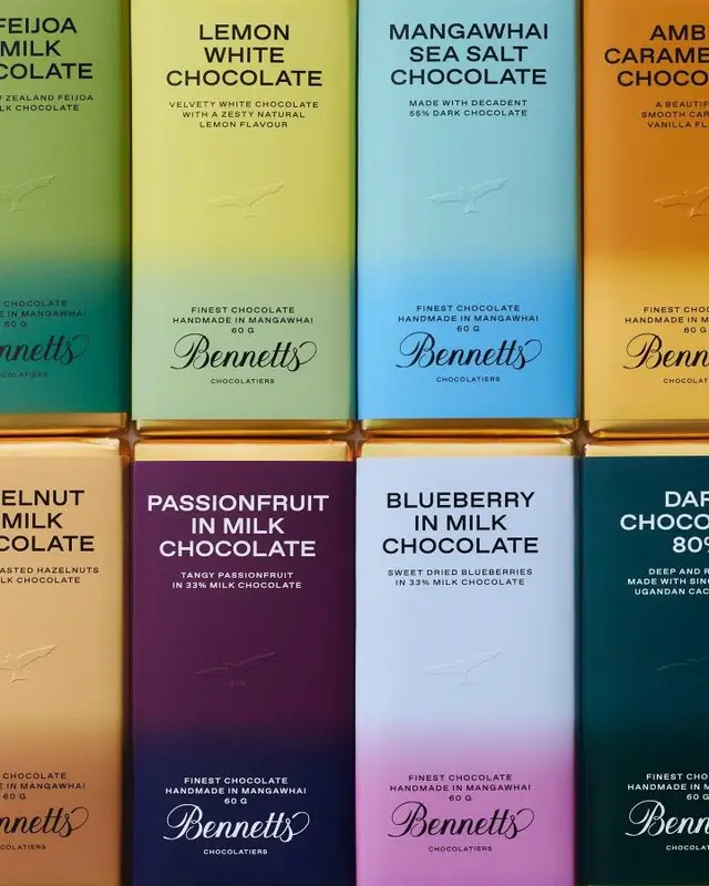 Bennetts chocolate bar packaging grid with flavor-specific gradients