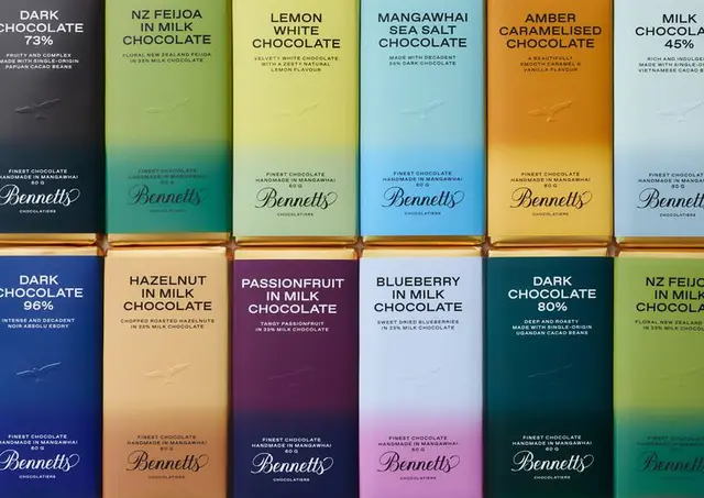 Bennetts chocolate bar packaging — colorful grid of 12 flavor wrappers