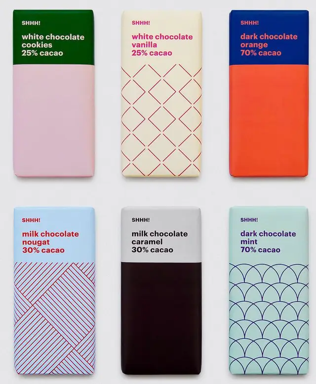 SHHH! minimalist chocolate bar packaging — six pastel wrappers