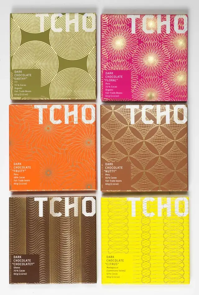 TCHO dark chocolate wrapper set — six patterned bar designs