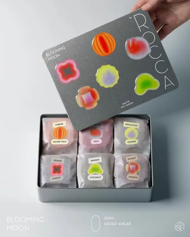 ROCCA Blooming Moon silver tin — six assorted labeled mochi/mooncakes