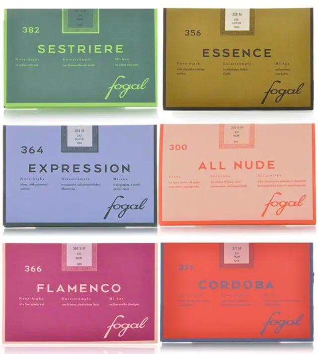 Fogal color-block product boxes — six vintage-style packaging designs