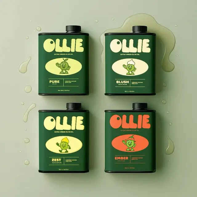 OLLIE extra virgin olive oil — four green metal tins with illustrated olive mascot