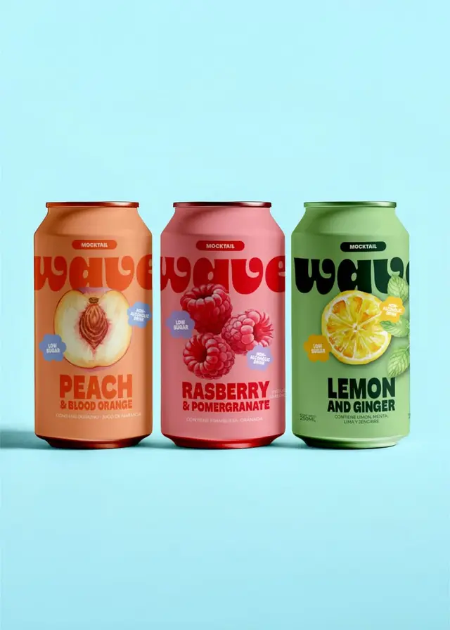 Colorful mocktail can packaging — Peach, Raspberry, Lemon trio