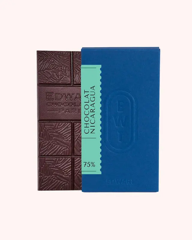 75% Nicaraguan dark chocolate bar with blue sleeve and mint label