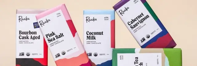 Raaka color-blocked chocolate bar packaging — flavor lineup