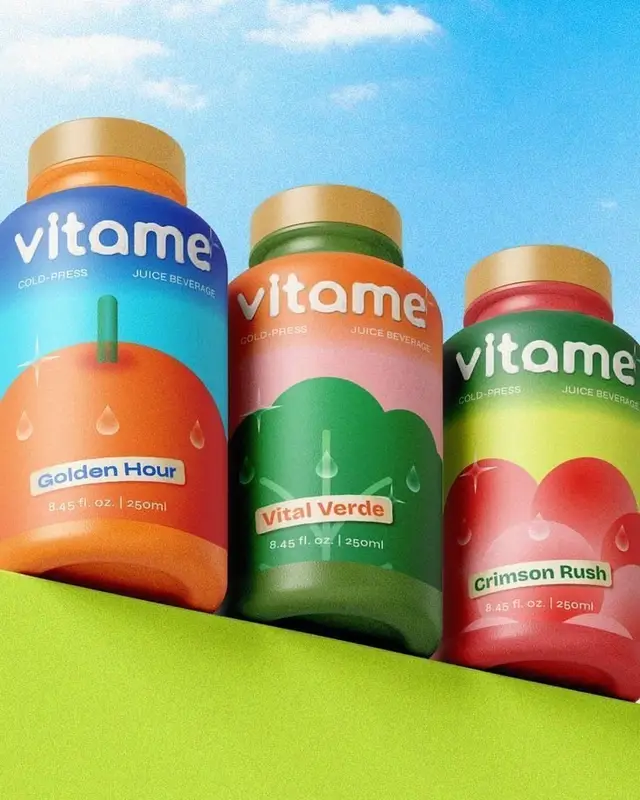 Vitame cold-press juice packaging — three colorful 250ml bottles