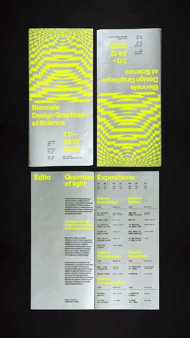 Biennale Design Graphique et Science — neon yellow four-panel brochure (7.11–24.12 2022)