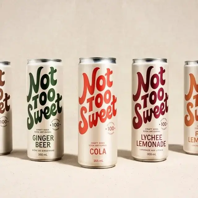 Not Too Sweet craft soda cans — Cola, Ginger Beer, Lychee Lemonade