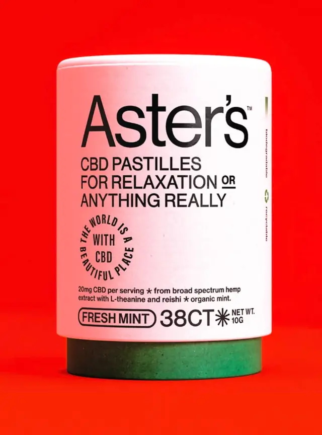 Aster's CBD Pastilles — Fresh Mint 38CT cylindrical packaging on red background