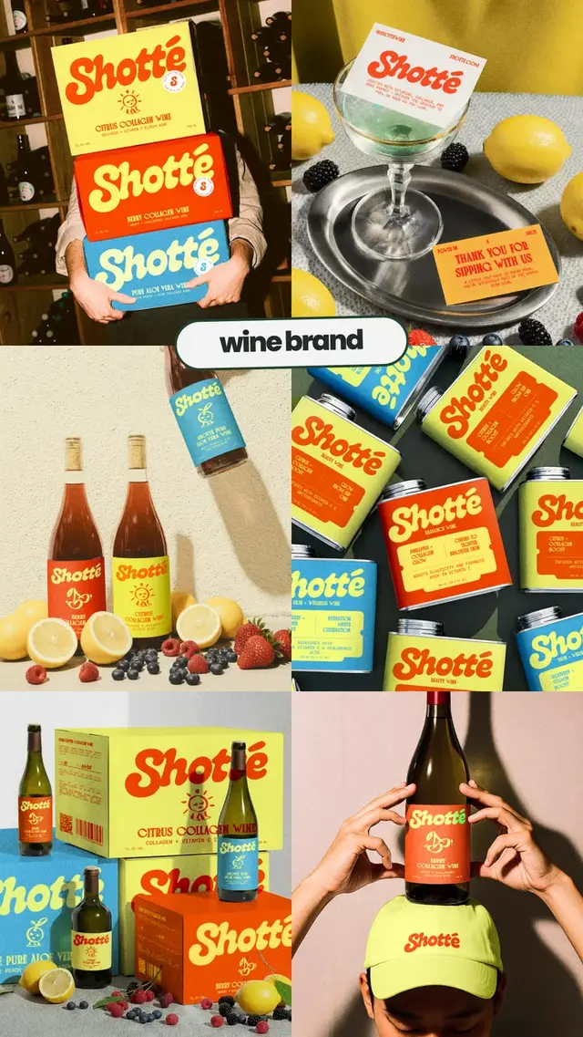 Shotté collagen wine packaging — bright retro label system
