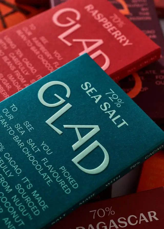 GLAD 79% Sea Salt dark chocolate packaging — teal embossed wrapper