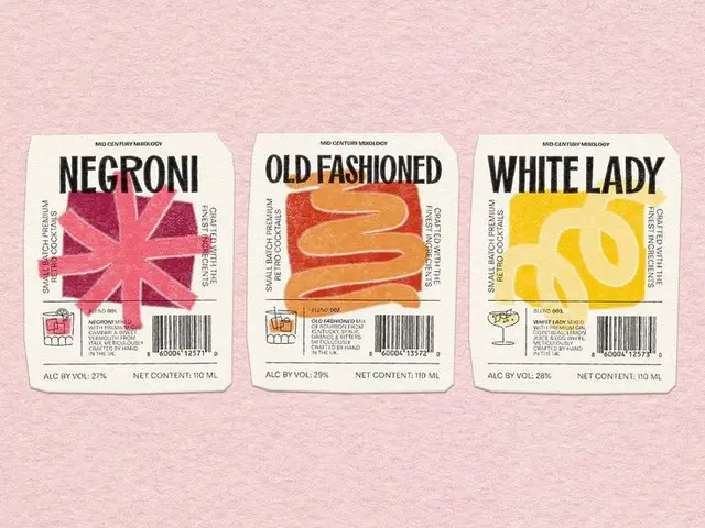 Set of three mid-century cocktail labels: NECRONI, OLD FASHIONED, WHITE LADY