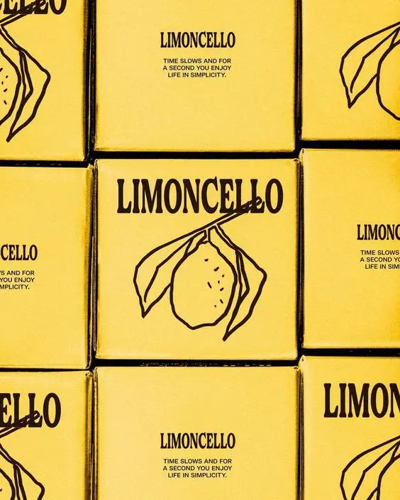 Limoncello yellow packaging — stacked boxes with lemon illustration