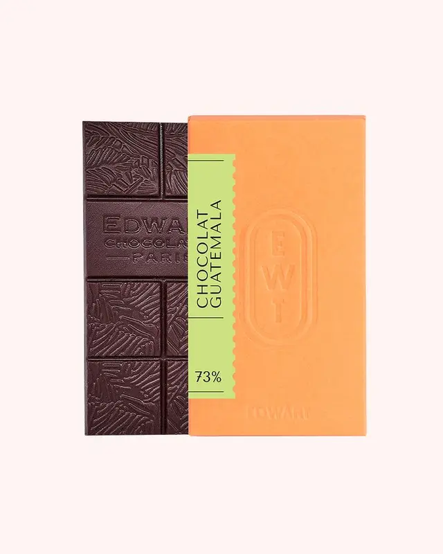 73% Guatemala dark chocolate bar with orange wrapper and lime-green label