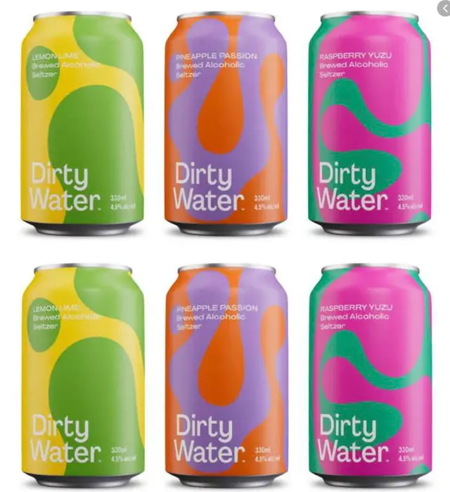 Dirty Water brewed alcoholic seltzer — Lemon Lime, Pineapple Passion, Raspberry Yuzu (six‑