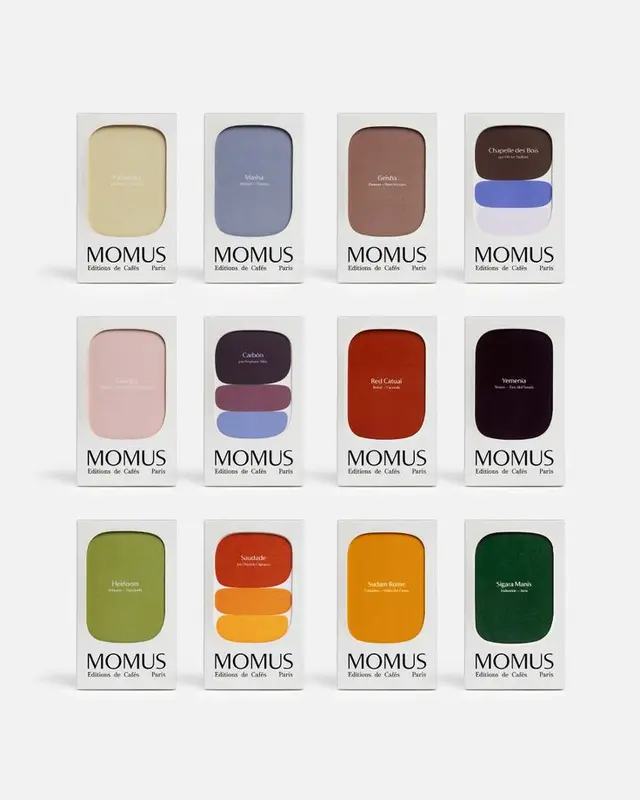 MOMUS coffee packaging — 12-box color-label series