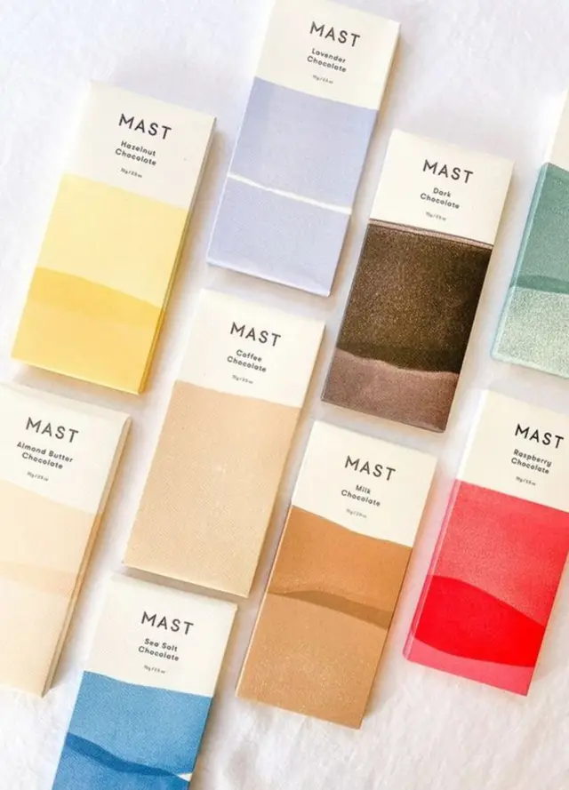 MAST Studio chocolate bars — pastel gradient packaging flat-lay