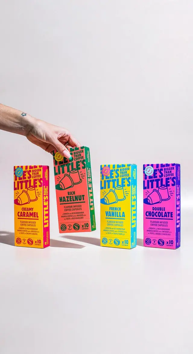 Little's flavour-infused coffee capsule packaging — four bright retail boxes