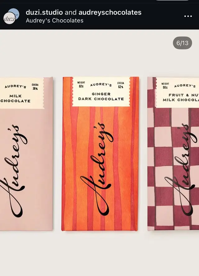 Audrey's chocolate bar wrapper designs — pink, orange striped, maroon checkered