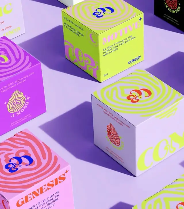 Neon-pastel scented candle packaging cubes with fingerprint motif
