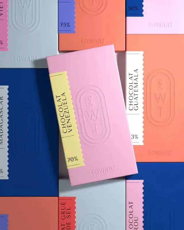 Pastel embossed chocolate bar packaging flat-lay with origin percent tabs