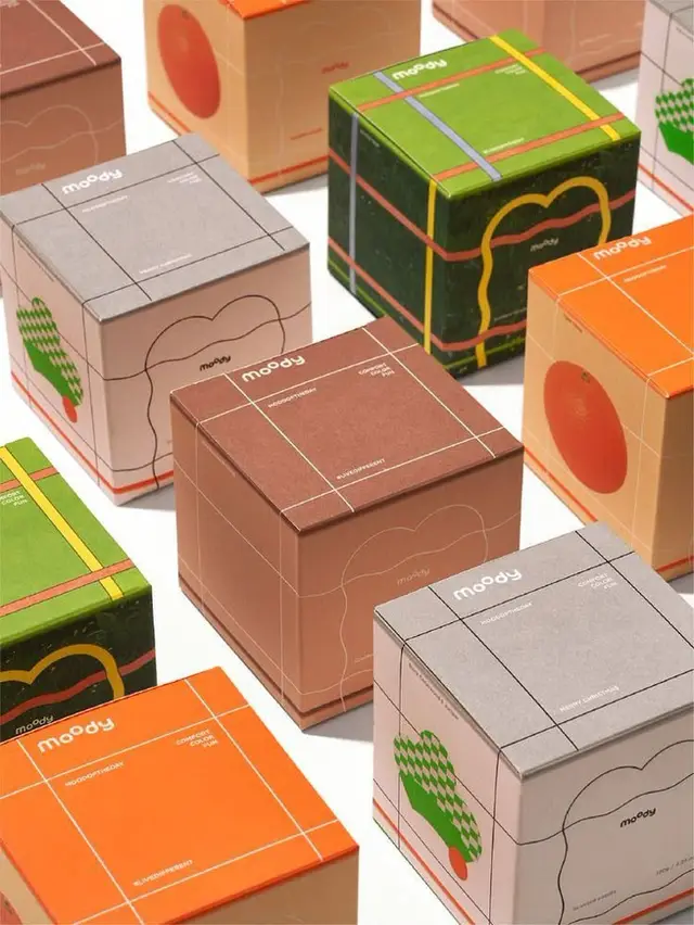 Moody branded cube packaging set — earthy minimalist cardboard boxes