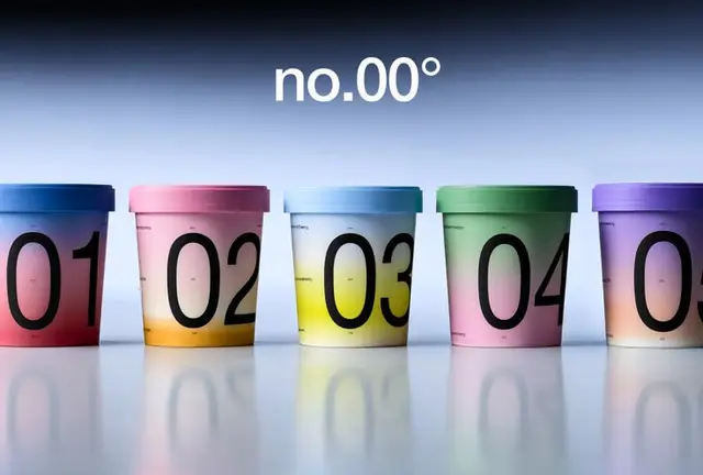 Pastel gradient numbered ice cream cups (01–05) with 'no.00°' header