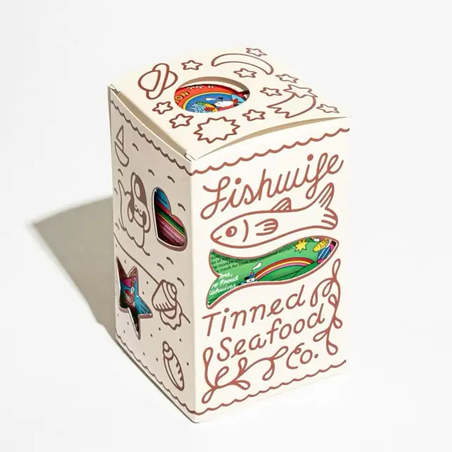 Hand-illustrated tinned seafood gift box with die-cut fish window