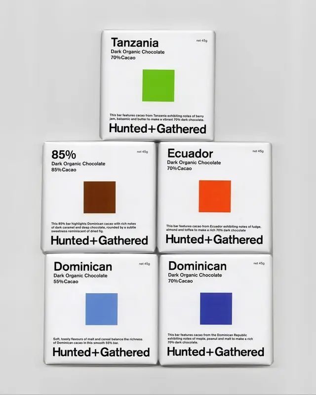 Hunted+Gathered Minimalist Chocolate Packaging — Origin & Cacao Percentage Color System