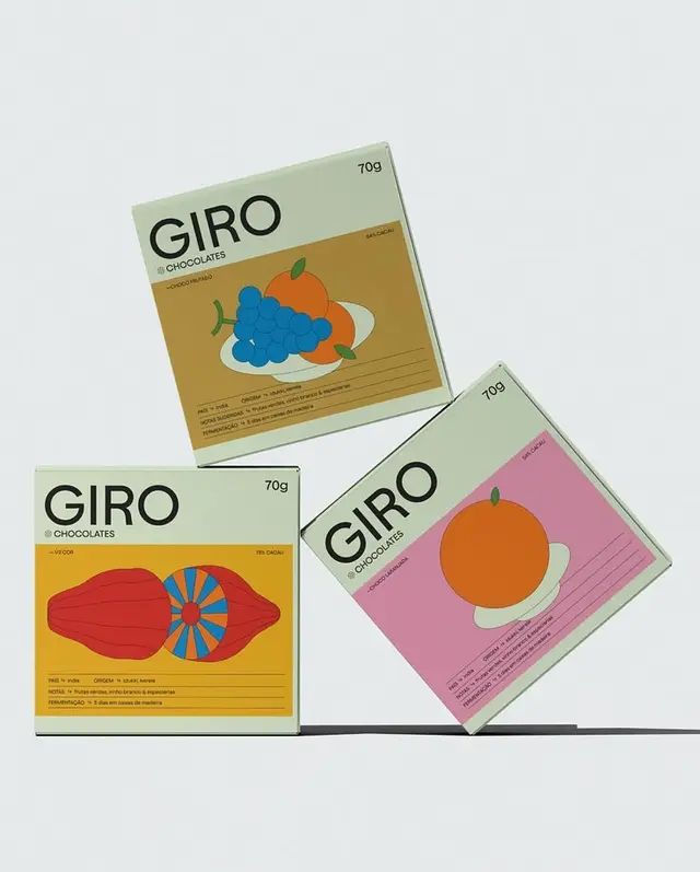 GIRO Chocolates — 70g pastel fruit-illustration packaging