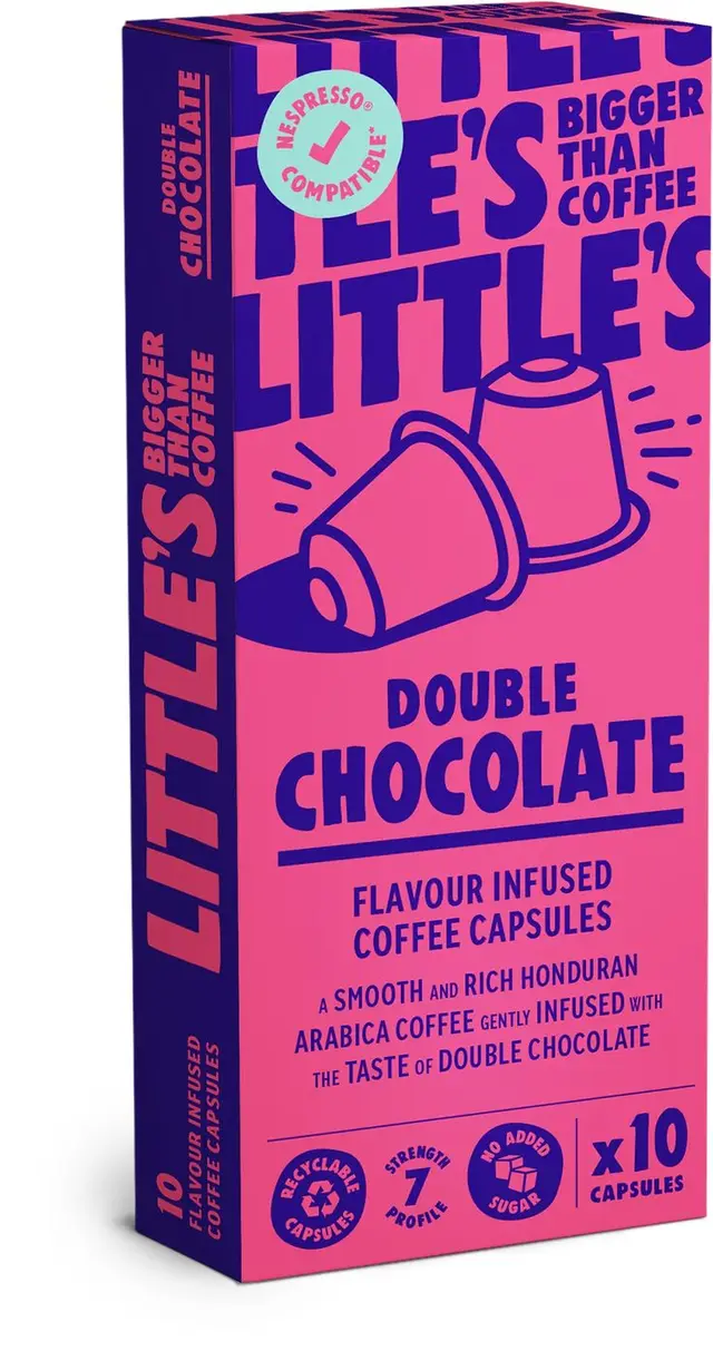 Little's Double Chocolate flavour coffee capsules — pink & purple packaging, x10